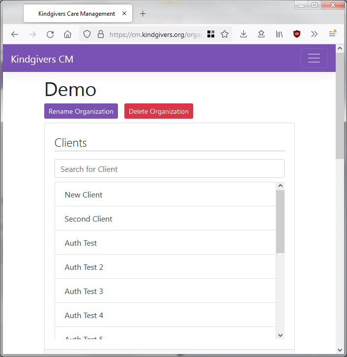 Screenshot of a sample organization dashboard.